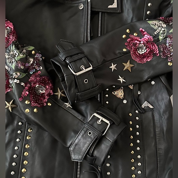Topshop real leather biker bomber jacket black multi sequin floral studs $560 6 - Picture 4 of 16